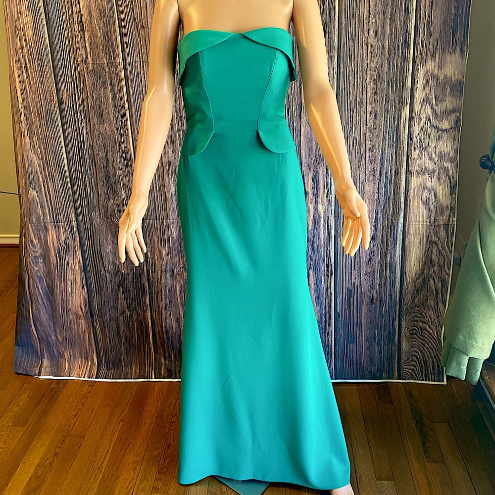Janique Couture emerald green turquoise strapless ball gown prom dress